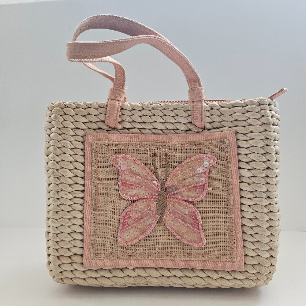 Vtg 90s/00 100% Cornhusk Purse, Basket,Spring,Gingham,Butterfly,Peach,Top Handle
